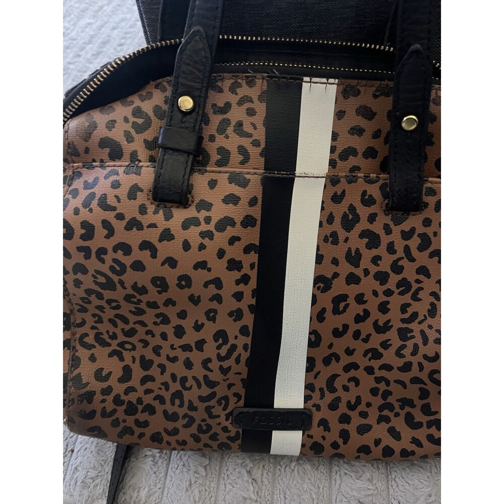 Vtg Fossil Raquel Leather Leopard Print Purse Satchel Crossbody Strap Key Charm - Picture 3 of 13